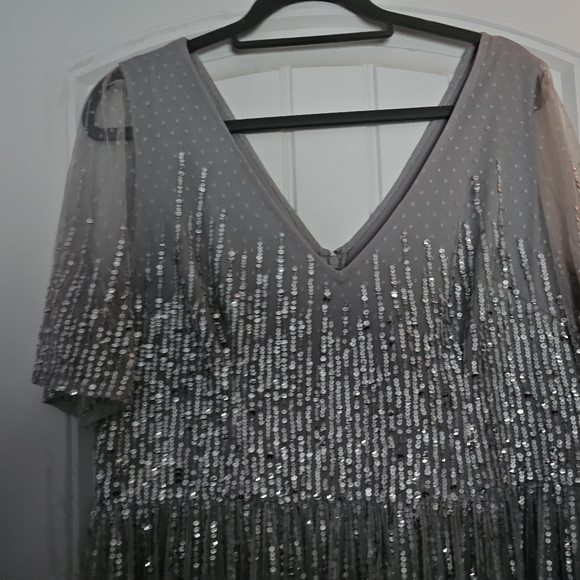NWT Beautiful Sequined Silver Full Length Adrianna Papell Dress Size 18 - Picture 2 of 5